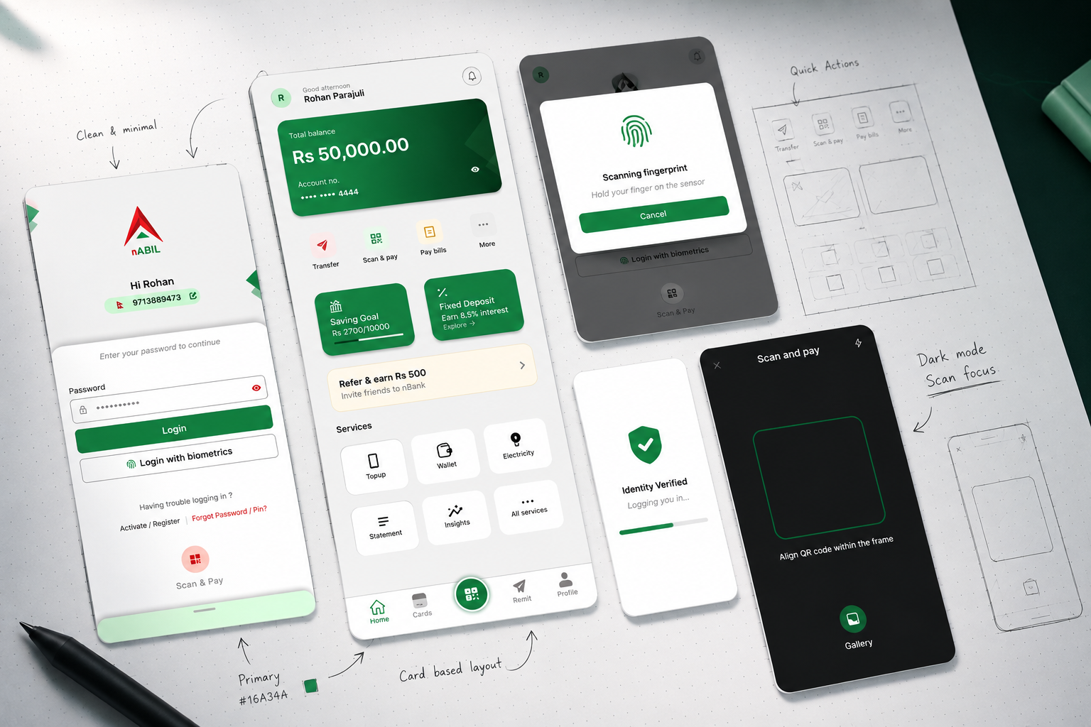 Nabil Bank mobile banking app redesign — home and balance screens